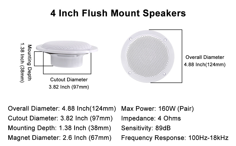 Herdio 4'' 160W 2PCS Waterproof Ceiling Speaker, Surround Sound Speaker For Kitchen Bathroom Yacht Outdoor Boat Home