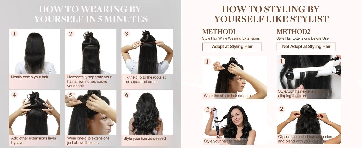 Clip In Hair Extensions, Human Hair Brazilian Straight Clip In Natural Black Color, Clip-In Remy Hair 20 22 24 26 Inch 4# Women