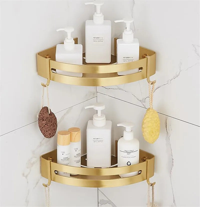 Corner Shelf, Wall Mounted Bathroom Shelf, Brushed Gold Aluminum Bath Shower Shelf, Bath Shampoo Holder Corner shelf
