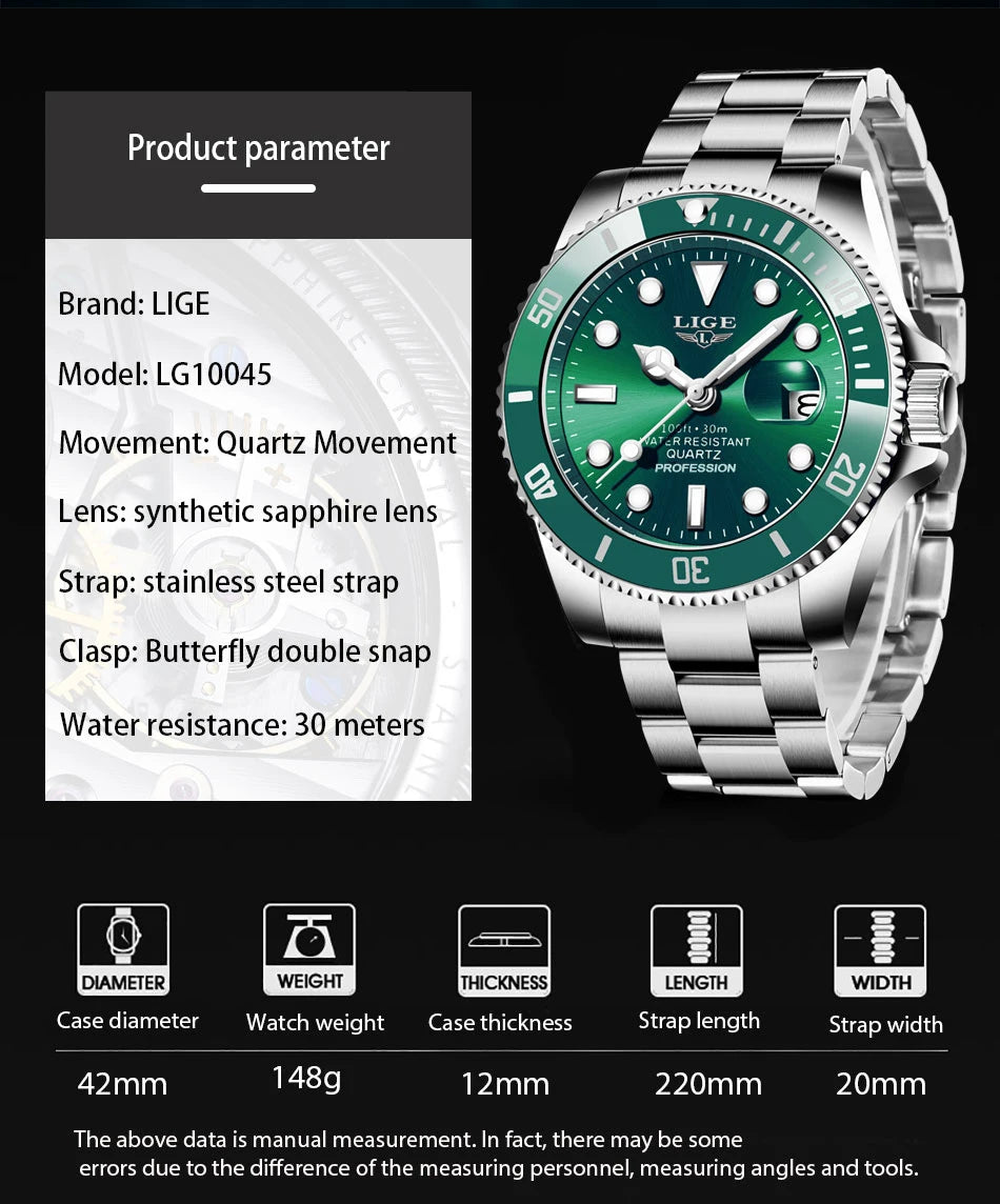 Luxury Fashion Diver Watch For Men, 30ATM Waterproof Date Clock, Sports Watch For Mens, Quartz Wristwatch, Relogio Masculino, LIGE Top Brand