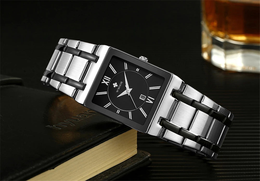 New Fashion Watches For Men, WWOOR Luxury Square Blue Men's Wristwatch, Stainless Steel Waterproof Quartz Clock, Male, Relogio Masculino