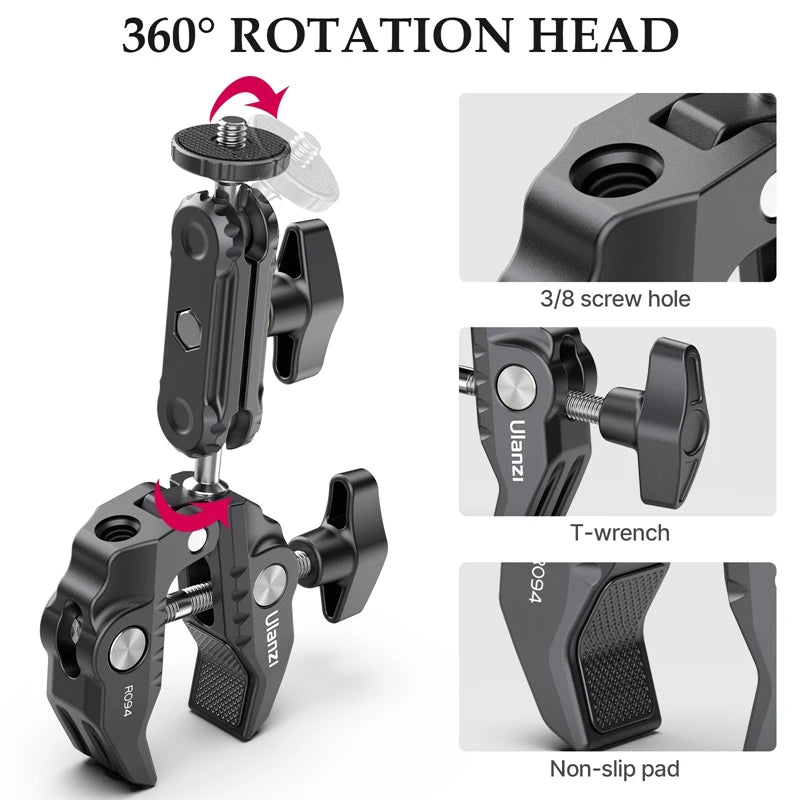 Metal Super Clamp with Double Ball Head, Magic Arm Clamp with 1/4" 3/8" Hole for DSLR Camera Monitor Light Mic Mount, Ulanzi R094