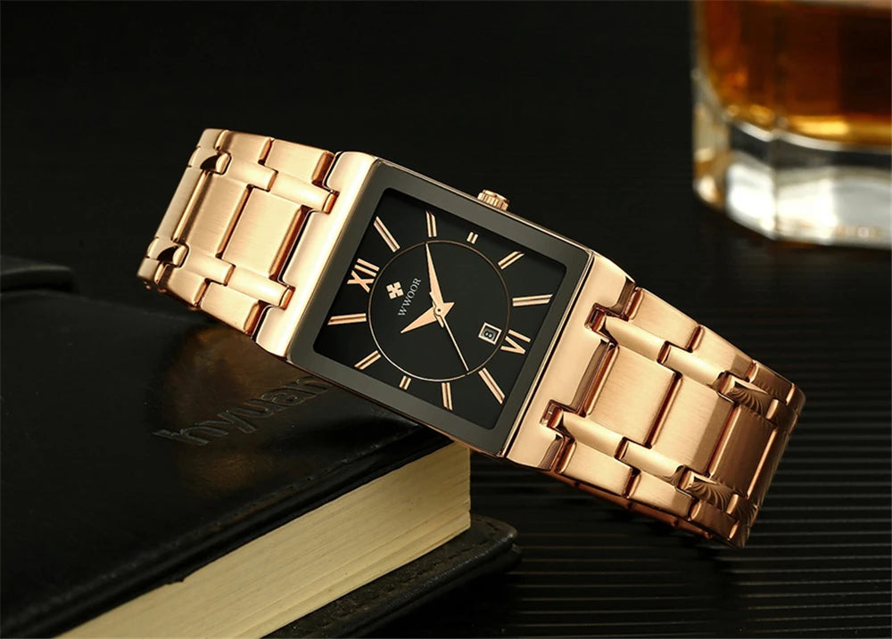 New Fashion Watches For Men, WWOOR Luxury Square Blue Men's Wristwatch, Stainless Steel Waterproof Quartz Clock, Male, Relogio Masculino