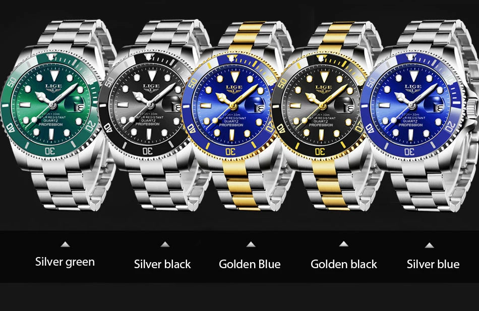 Luxury Fashion Diver Watch For Men, 30ATM Waterproof Date Clock, Sports Watch For Mens, Quartz Wristwatch, Relogio Masculino, LIGE Top Brand