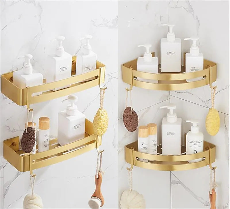 Corner Shelf, Wall Mounted Bathroom Shelf, Brushed Gold Aluminum Bath Shower Shelf, Bath Shampoo Holder Corner shelf