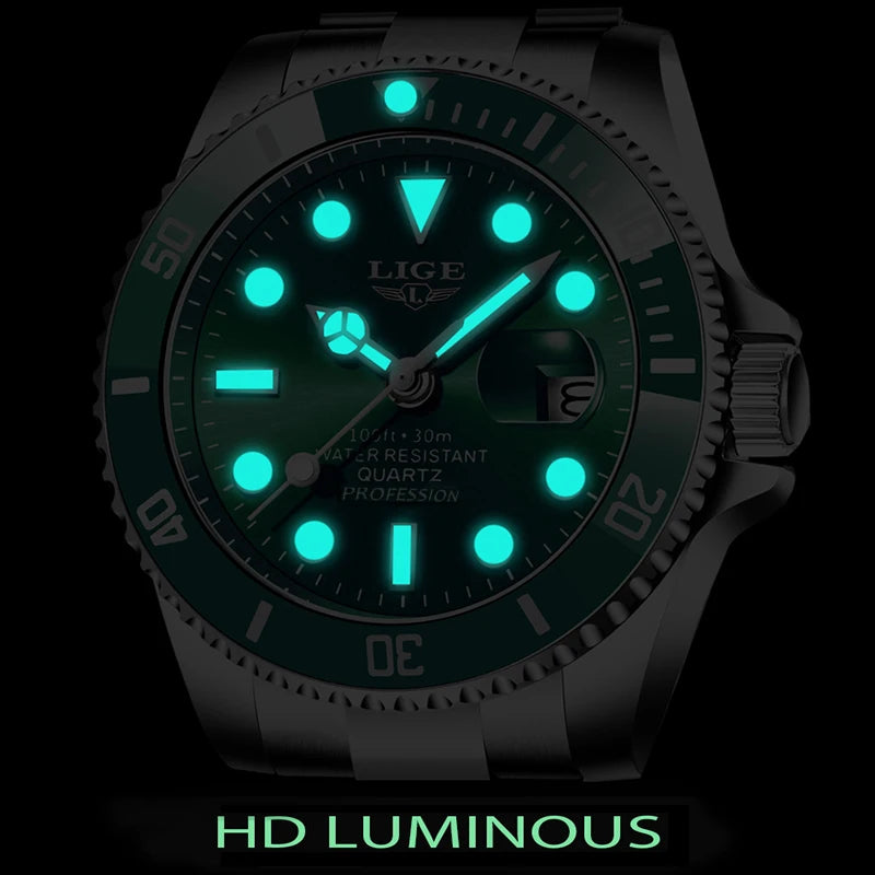 Luxury Fashion Diver Watch For Men, 30ATM Waterproof Date Clock, Sports Watch For Mens, Quartz Wristwatch, Relogio Masculino, LIGE Top Brand