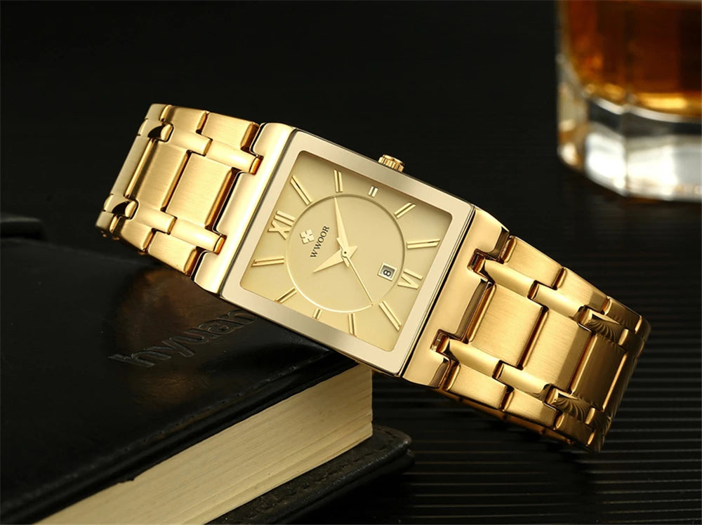 New Fashion Watches For Men, WWOOR Luxury Square Blue Men's Wristwatch, Stainless Steel Waterproof Quartz Clock, Male, Relogio Masculino