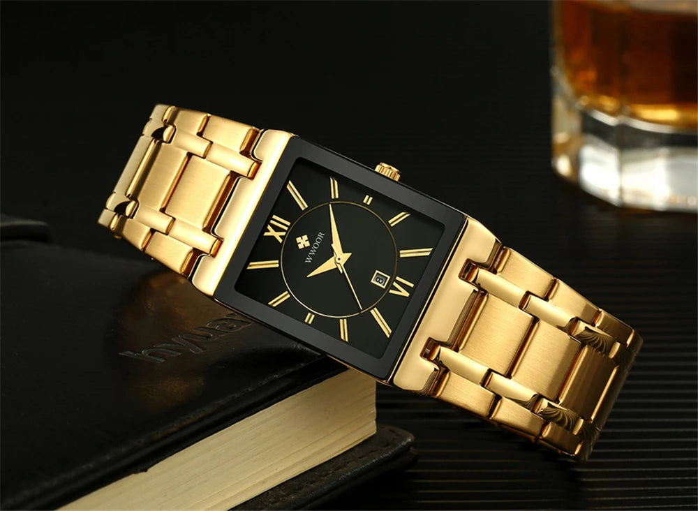 New Fashion Watches For Men, WWOOR Luxury Square Blue Men's Wristwatch, Stainless Steel Waterproof Quartz Clock, Male, Relogio Masculino