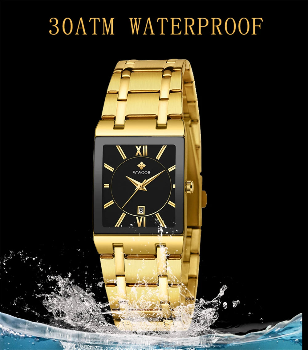 New Fashion Watches For Men, WWOOR Luxury Square Blue Men's Wristwatch, Stainless Steel Waterproof Quartz Clock, Male, Relogio Masculino