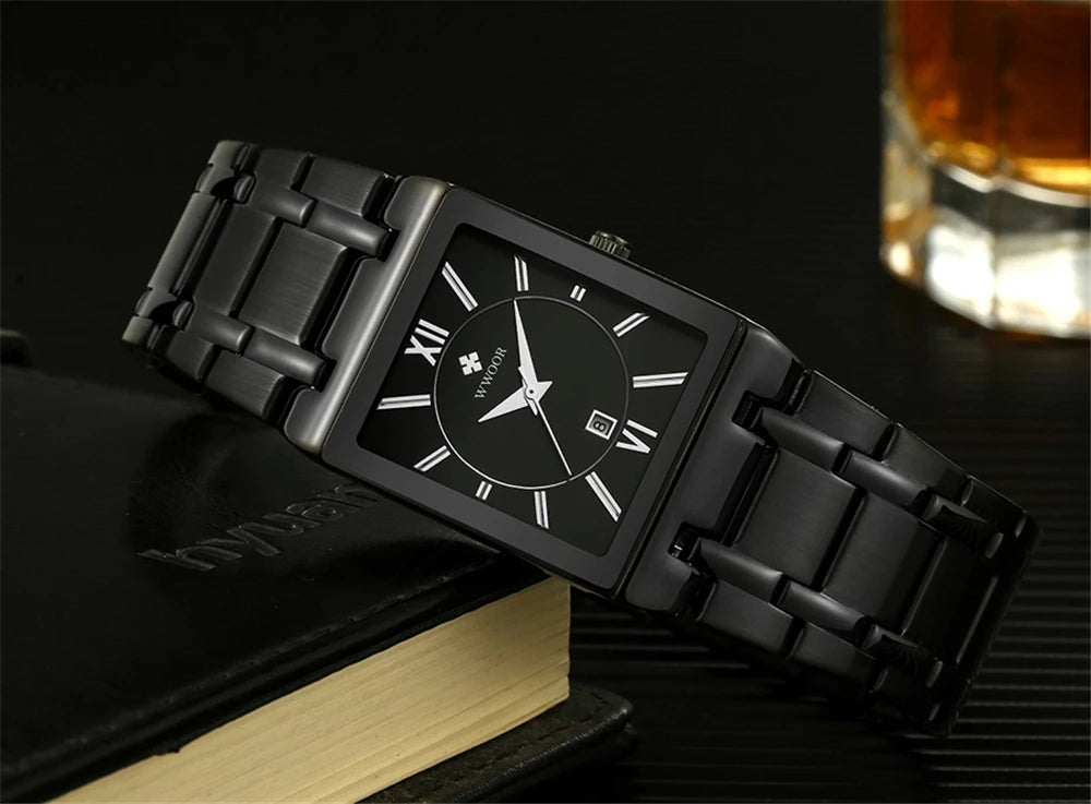 New Fashion Watches For Men, WWOOR Luxury Square Blue Men's Wristwatch, Stainless Steel Waterproof Quartz Clock, Male, Relogio Masculino