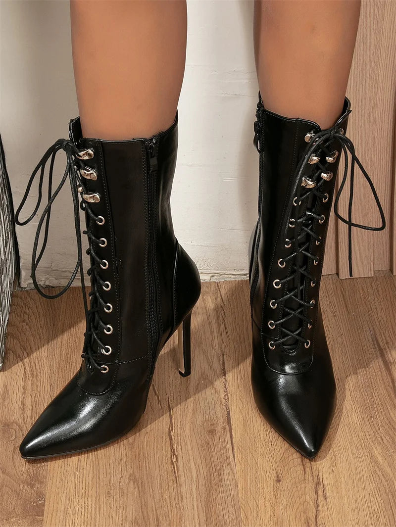Autumn Winter Women Ankle Boots, Sexy Pointed Toe Pole Dance High Heels Pumps, Fashion Zip Lace-Up Chelsea Shoes, Female Size 35-43