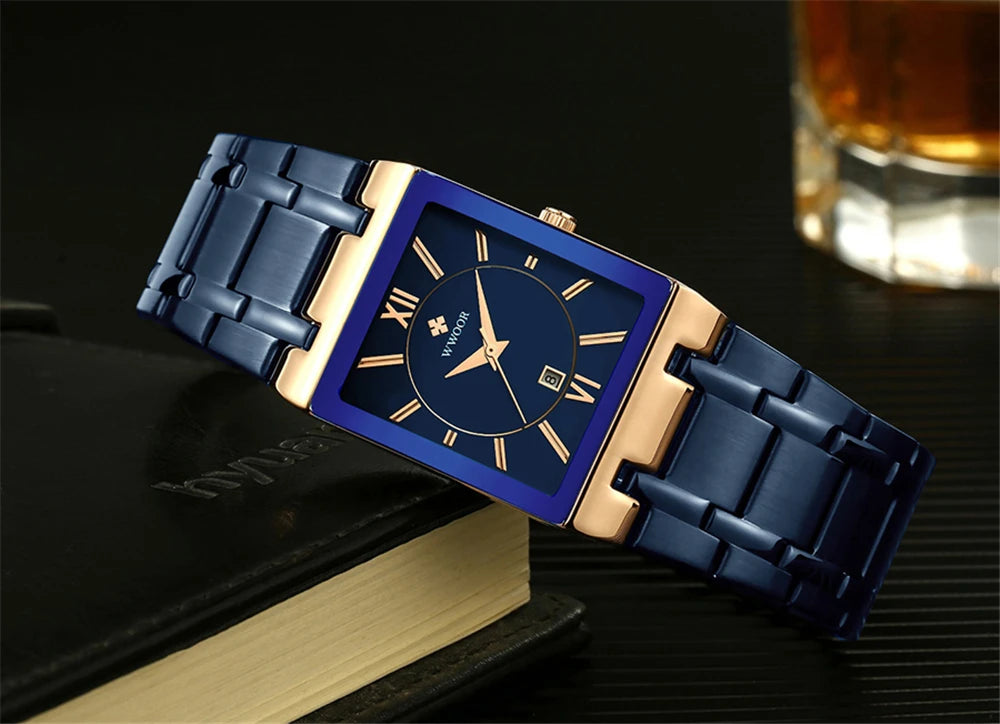 New Fashion Watches For Men, WWOOR Luxury Square Blue Men's Wristwatch, Stainless Steel Waterproof Quartz Clock, Male, Relogio Masculino