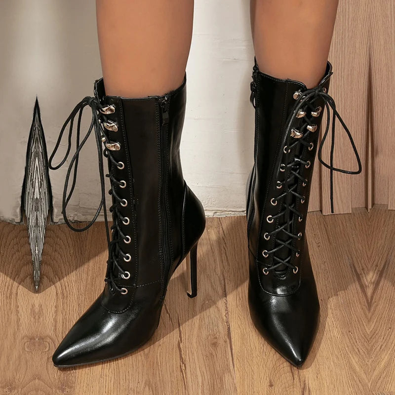 Autumn Winter Women Ankle Boots, Sexy Pointed Toe Pole Dance High Heels Pumps, Fashion Zip Lace-Up Chelsea Shoes, Female Size 35-43