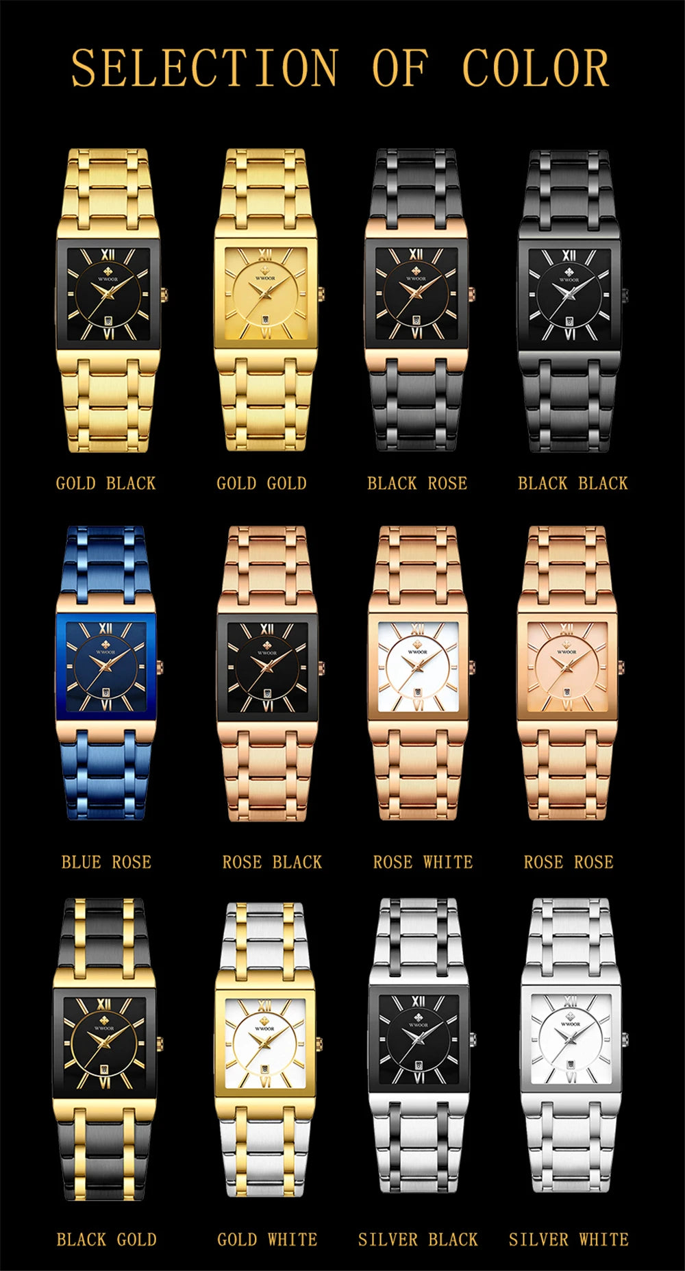 New Fashion Watches For Men, WWOOR Luxury Square Blue Men's Wristwatch, Stainless Steel Waterproof Quartz Clock, Male, Relogio Masculino
