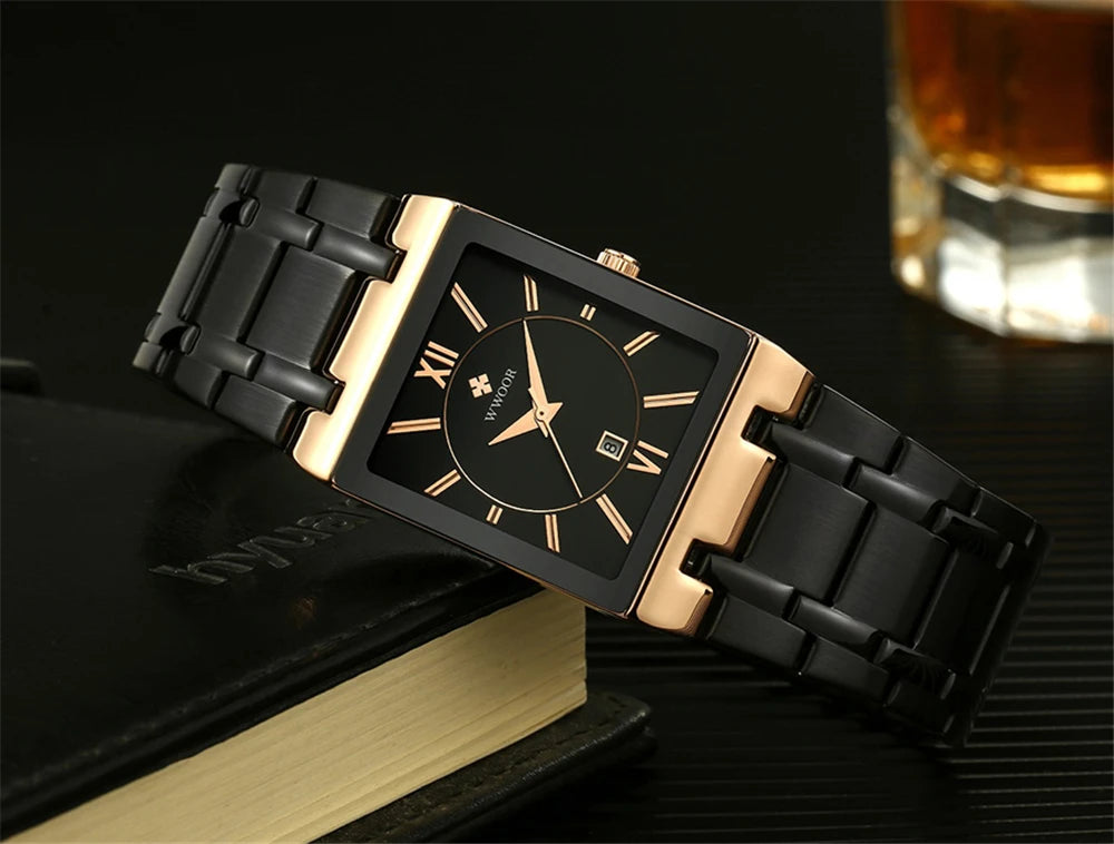 New Fashion Watches For Men, WWOOR Luxury Square Blue Men's Wristwatch, Stainless Steel Waterproof Quartz Clock, Male, Relogio Masculino