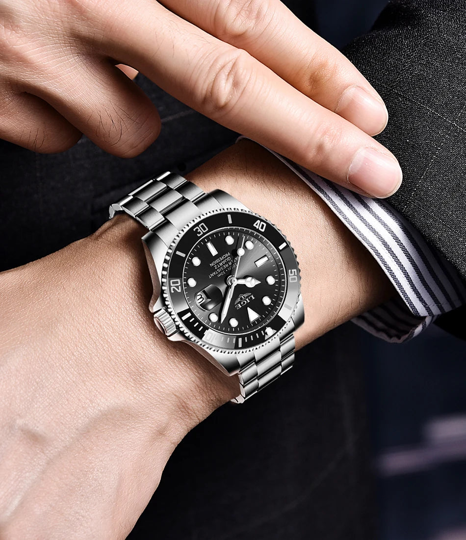 Luxury Fashion Diver Watch For Men, 30ATM Waterproof Date Clock, Sports Watch For Mens, Quartz Wristwatch, Relogio Masculino, LIGE Top Brand