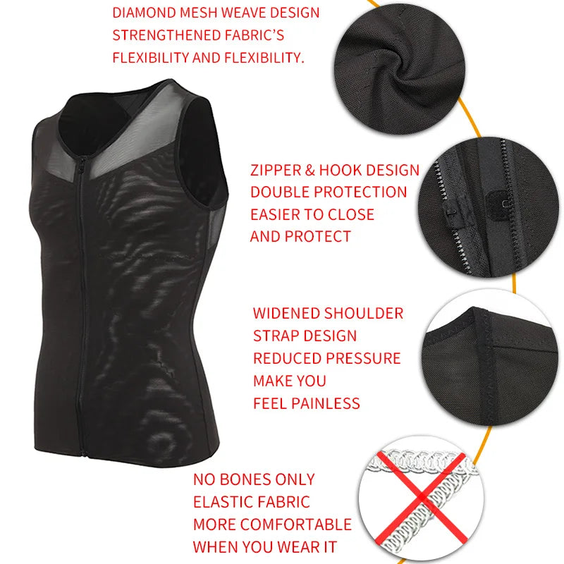 Men's Body Shaper, Abdomen Slimming Shapewear, Belly Shaping Corset, Top Gynecomastia Compression Shirts WIth Zipper Waist Trainer