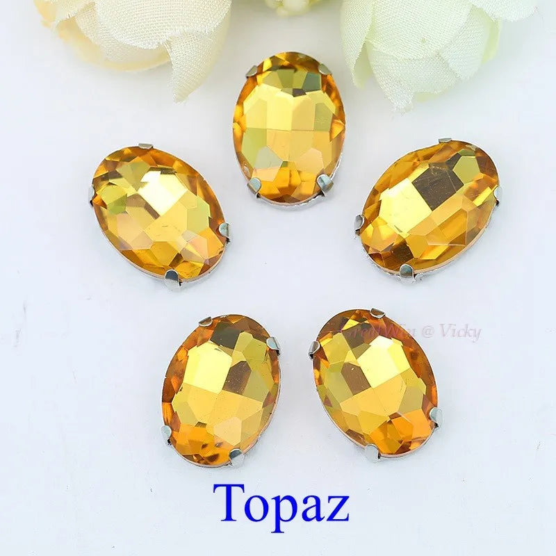 Glass Rhinestones, Oval Shape Diamond With Claw Sew On Strass Metal Base, Buckle Crystal Stone Beads For Clothes