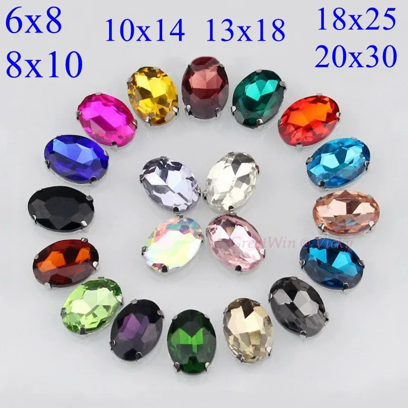Glass Rhinestones, Oval Shape Diamond With Claw Sew On Strass Metal Base, Buckle Crystal Stone Beads For Clothes