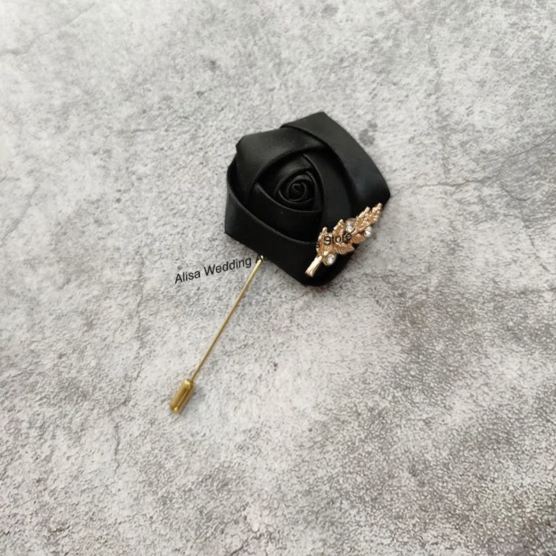 Groom Boutonniere Lapel Pins, Wedding Corsage Suit Buttonhole Silk Roses Gold Leaves Men Women Brooch Flowers, Mariage Accessories