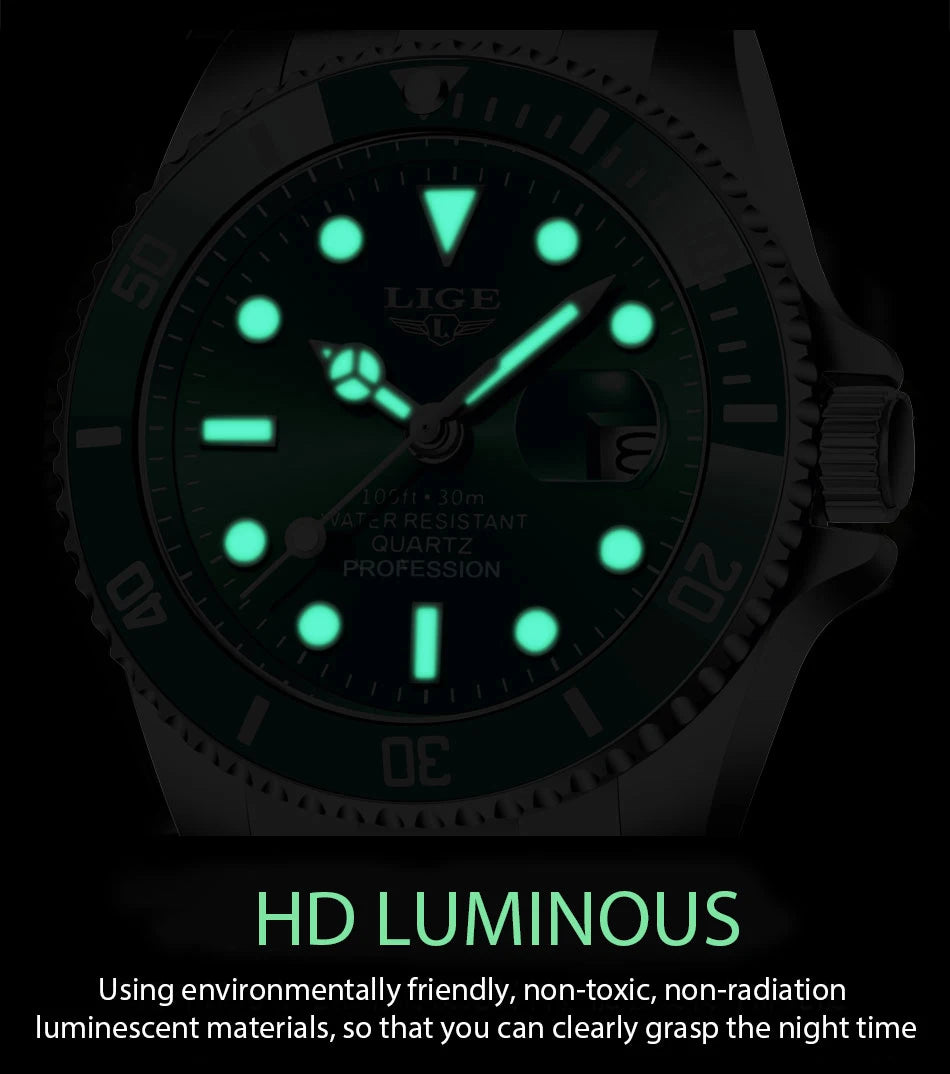 Luxury Fashion Diver Watch For Men, 30ATM Waterproof Date Clock, Sports Watch For Mens, Quartz Wristwatch, Relogio Masculino, LIGE Top Brand