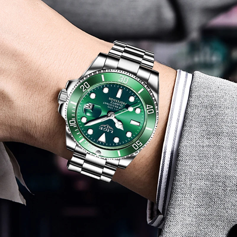Luxury Fashion Diver Watch For Men, 30ATM Waterproof Date Clock, Sports Watch For Mens, Quartz Wristwatch, Relogio Masculino, LIGE Top Brand