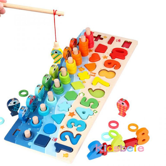 Juguetes Montessori de matemáticas para niños pequeños, rompecabezas de madera educativos, juguetes de pesca, juego de clasificación de formas y números.