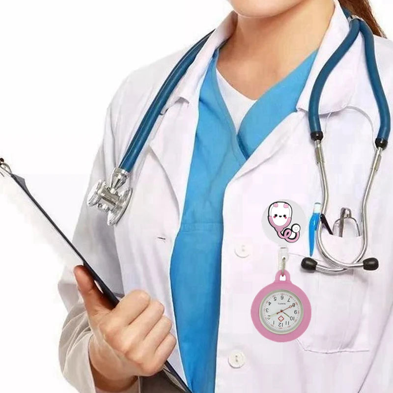 Retractable Hospital Medical Icon Love Heart Badge Reel Cartoon, Nurse Doctor Pocket Watch, Hang Clips Quartz Watches Clock