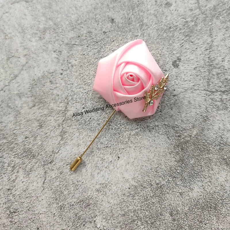 Groom Boutonniere Lapel Pins, Wedding Corsage Suit Buttonhole Silk Roses Gold Leaves Men Women Brooch Flowers, Mariage Accessories