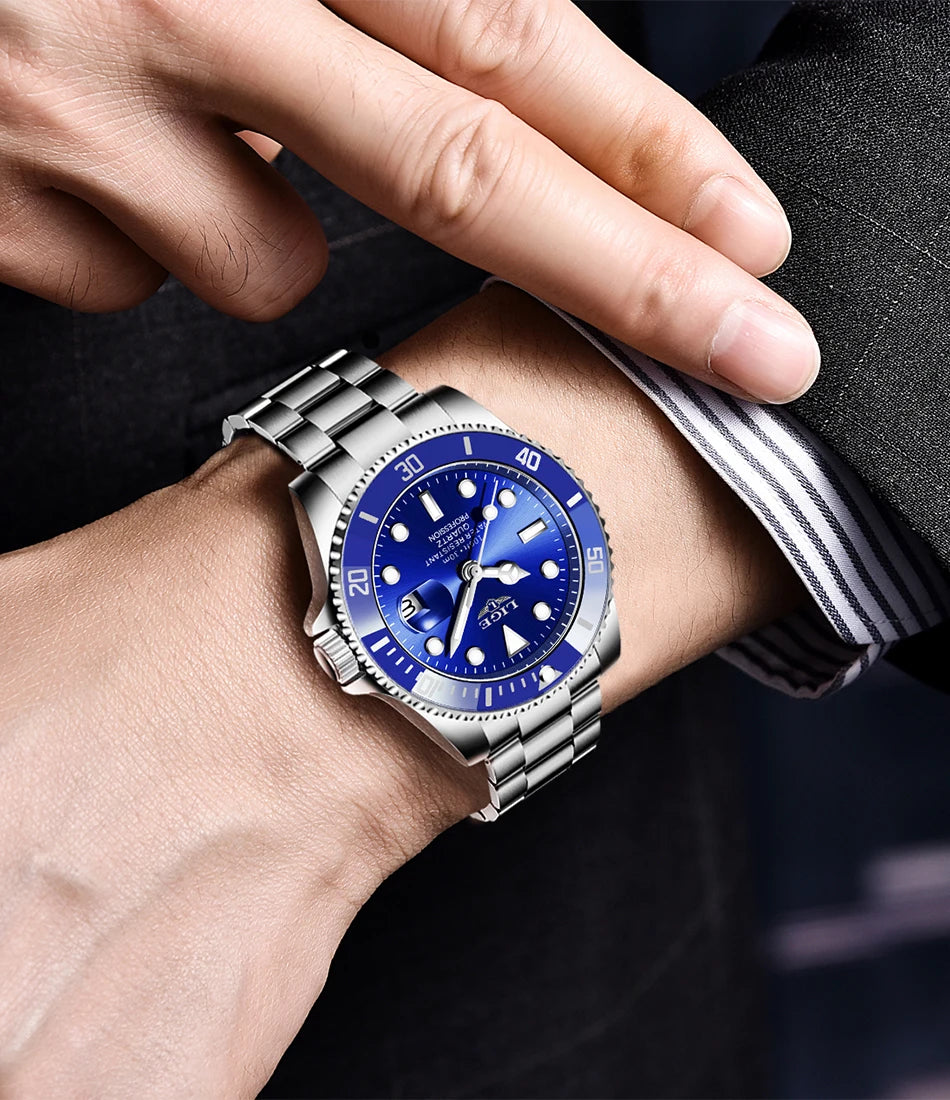 Luxury Fashion Diver Watch For Men, 30ATM Waterproof Date Clock, Sports Watch For Mens, Quartz Wristwatch, Relogio Masculino, LIGE Top Brand