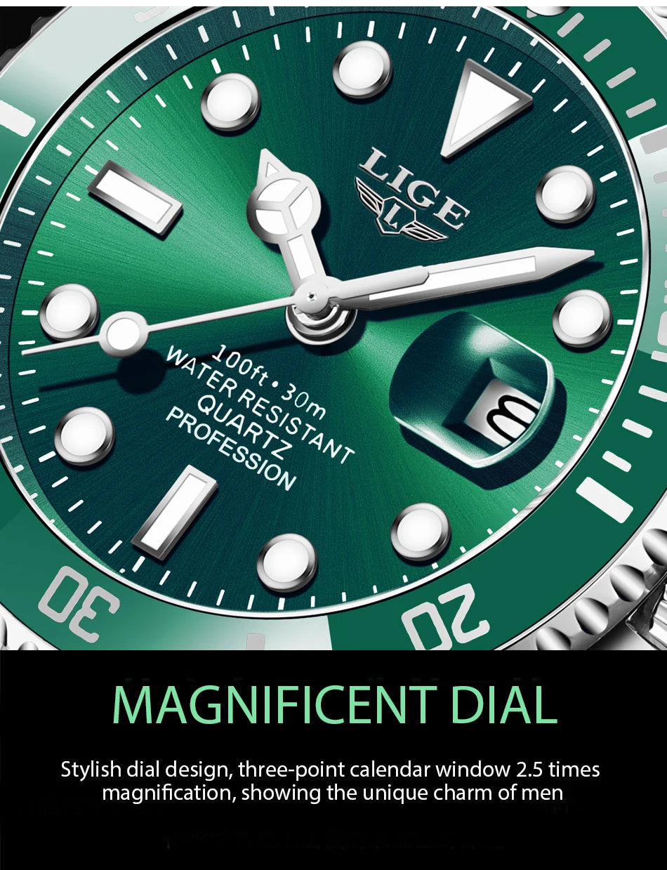 Luxury Fashion Diver Watch For Men, 30ATM Waterproof Date Clock, Sports Watch For Mens, Quartz Wristwatch, Relogio Masculino, LIGE Top Brand