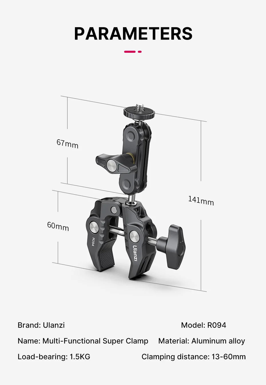 Metal Super Clamp with Double Ball Head, Magic Arm Clamp with 1/4" 3/8" Hole for DSLR Camera Monitor Light Mic Mount, Ulanzi R094