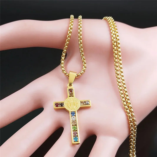 Católica Jesús Cruz Acero Inoxidable Collar San Benito Cristal Virgen María Colgante Crucifijo Collares Masculinos Joyería cruz