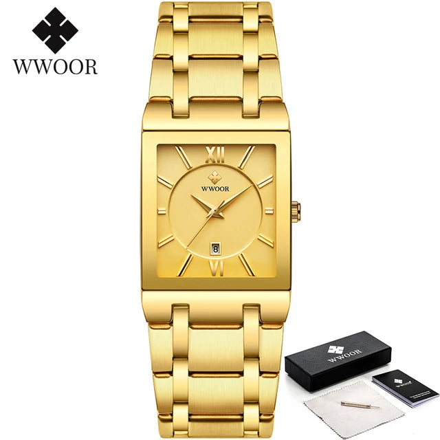New Fashion Watches For Men, WWOOR Luxury Square Blue Men's Wristwatch, Stainless Steel Waterproof Quartz Clock, Male, Relogio Masculino