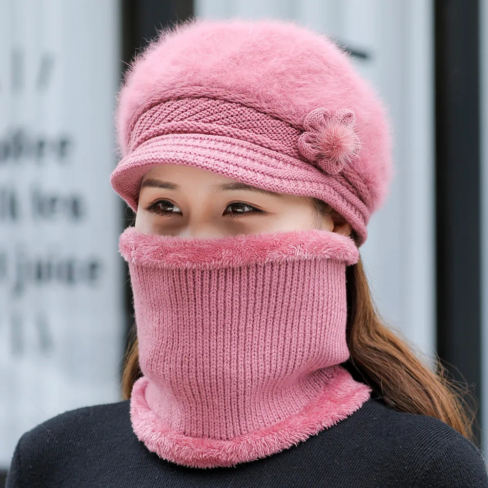 New Women Winter Hat, Keep Warm Cap, Add Fur Lined Hat & Scarf Warm Set, Fashion Hat For Women Casual Faux Fur Flower Knitted Hat