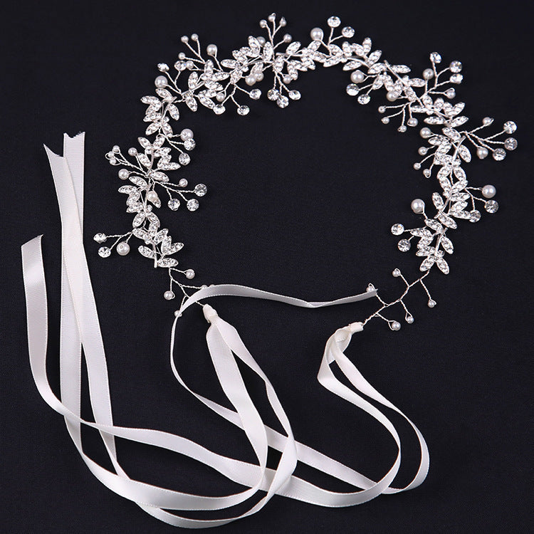New Crystal Rhinestone Flower Headband, Ribbon Bow Hairband for Bride, Wedding Hair Accessories, Pearl Head Flower Headbands, Women Headwear