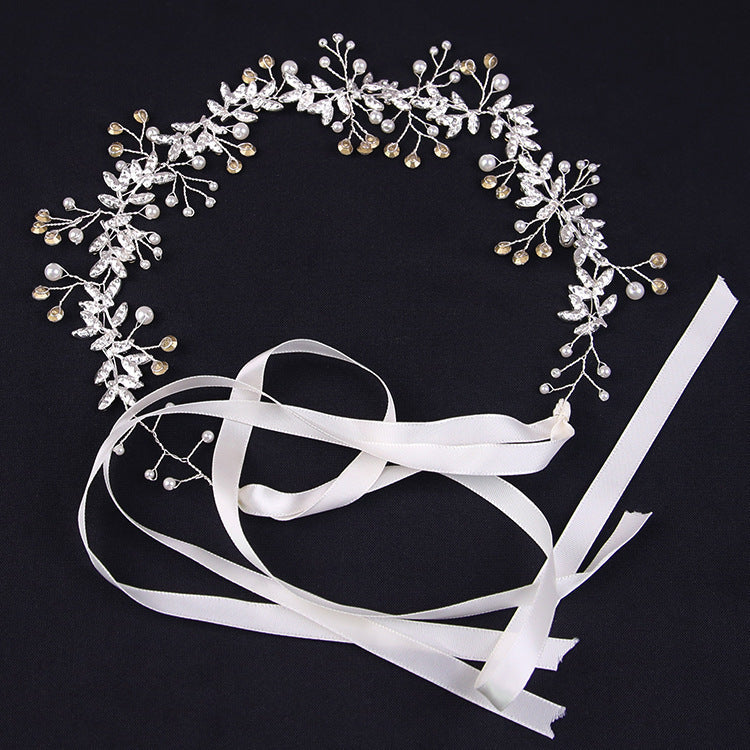 New Crystal Rhinestone Flower Headband, Ribbon Bow Hairband for Bride, Wedding Hair Accessories, Pearl Head Flower Headbands, Women Headwear