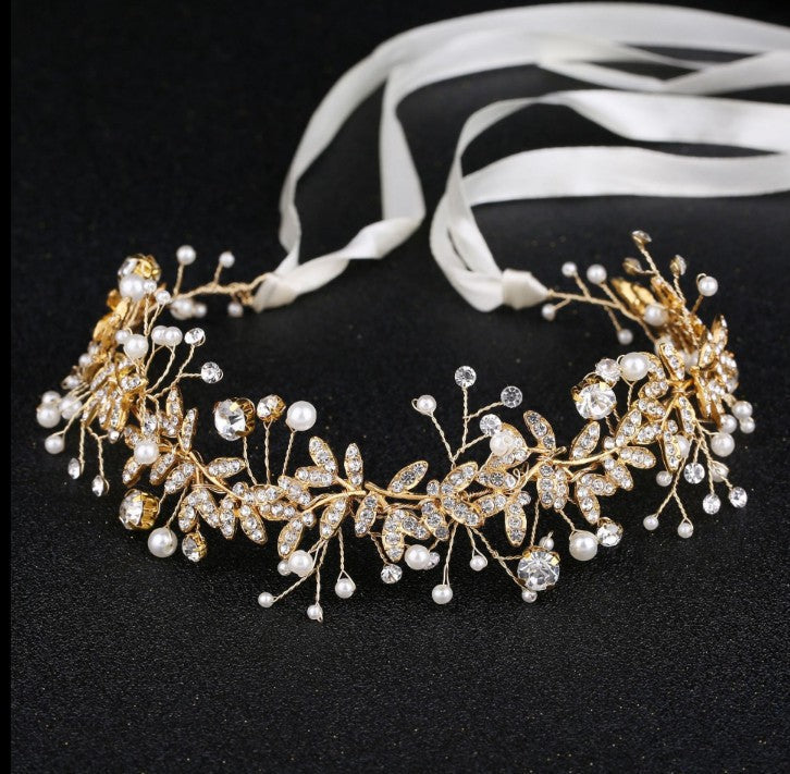 New Crystal Rhinestone Flower Headband, Ribbon Bow Hairband for Bride, Wedding Hair Accessories, Pearl Head Flower Headbands, Women Headwear