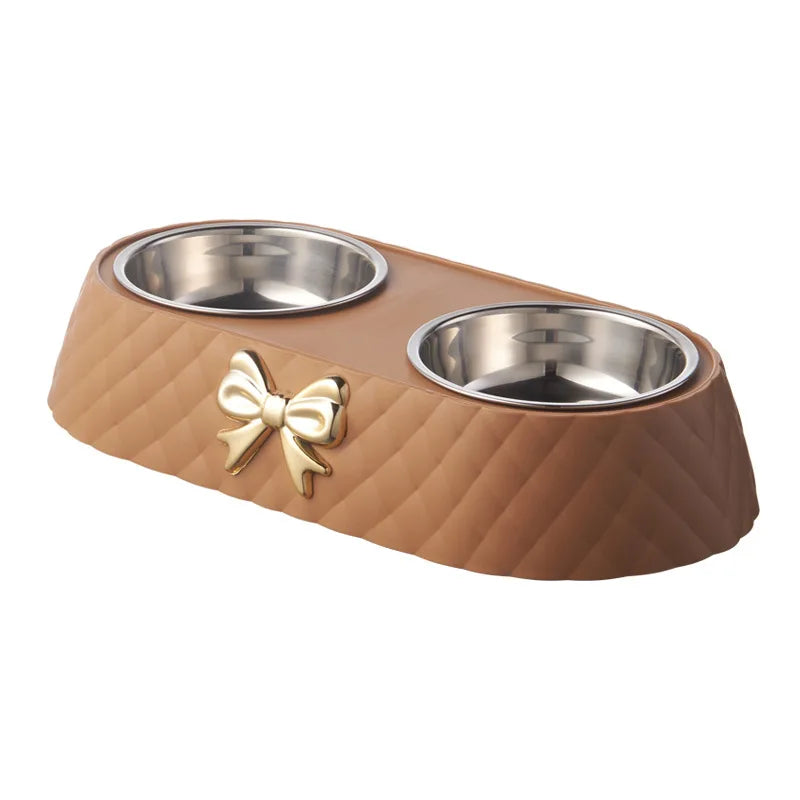 Pet Supplies, Bow-tie Bowknot Cats Food Bowl, PP Base Dog Bowl, Stainless Steel Double Pet Accessories, Feeding Drinking Double Bowl