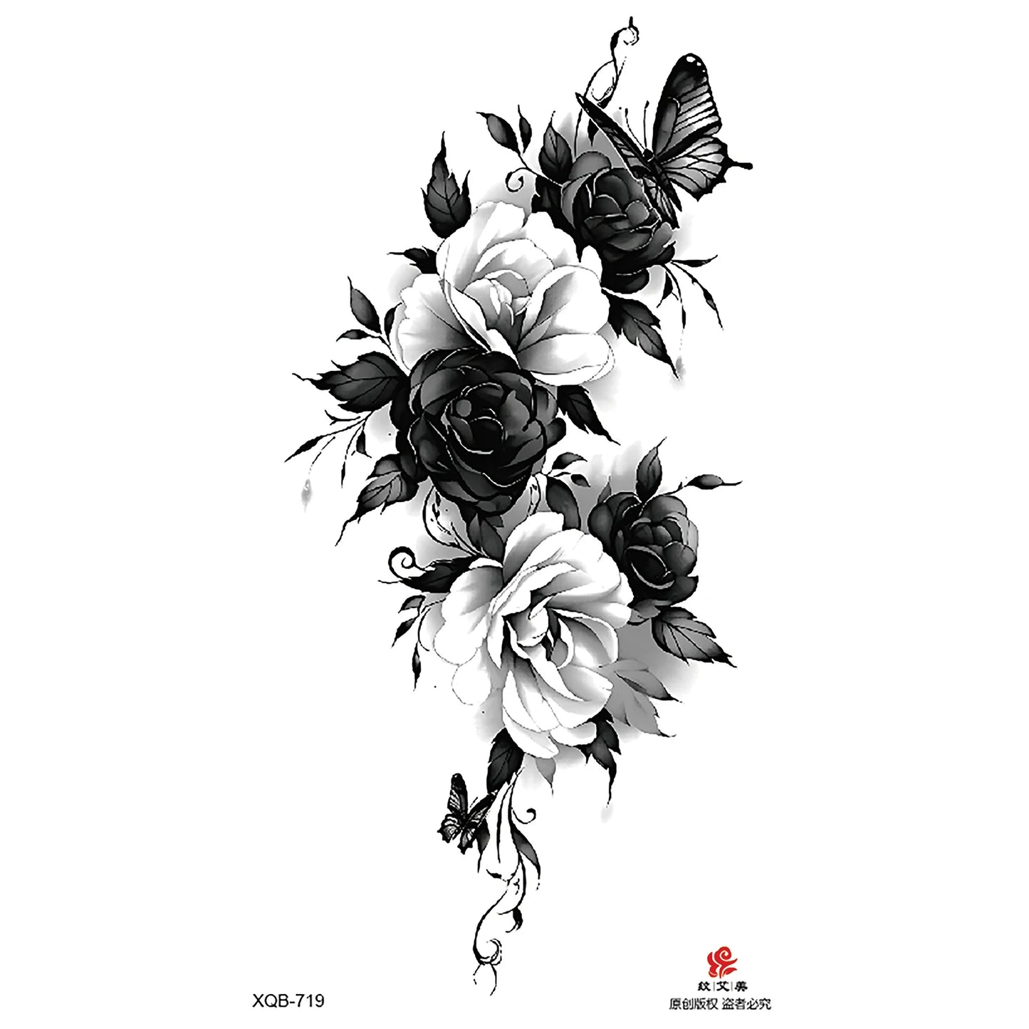 Black Flower Waterproof Temporary Tattoo Sticker, Beauty Butterfly Rose for Women, 3D Flash Body Arm Art Washable Fake Tattoos