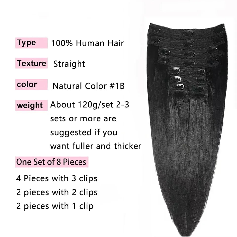 Clip In Hair Extensions, Human Hair Brazilian Straight Clip In Natural Black Color, Clip-In Remy Hair 20 22 24 26 Inch 4# Women