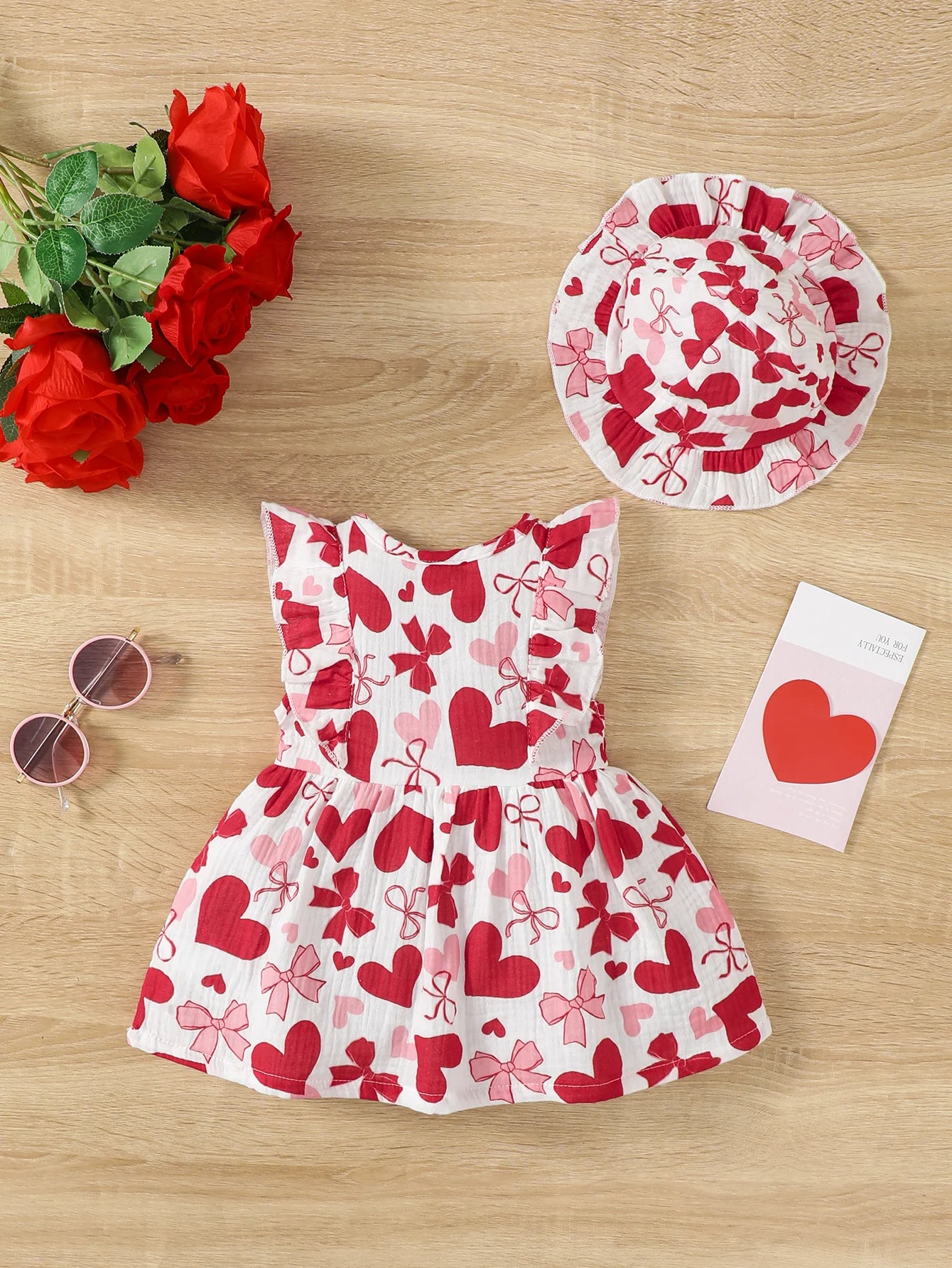 2Pcs, Dress Clothes Set, Newborn Baby Girl Love Print Sleeveless Dress With Hat Summer Fashion Cute Wear for Infant Girl 0-9Months