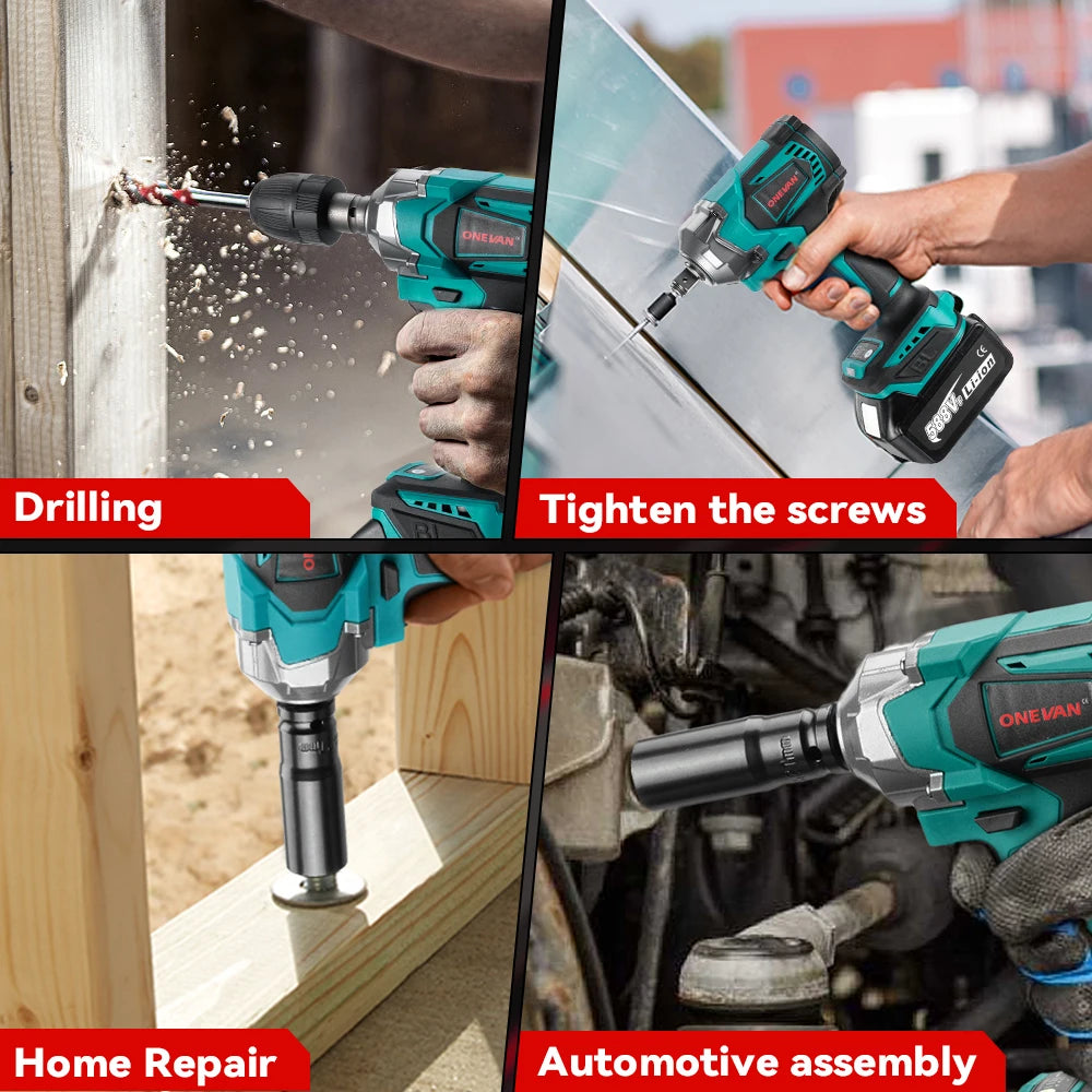 1200N.M Brushless Electric Impact Wrench, 3 Funtion 1/2" Cordless Portable Screwdriver Drill Tools For Makita Battery Pin, ONEVAN