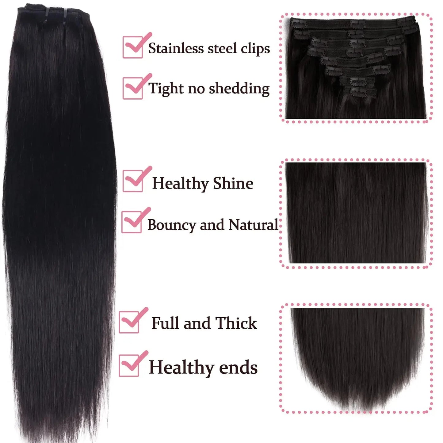 Clip In Hair Extensions, Human Hair Brazilian Straight Clip In Natural Black Color, Clip-In Remy Hair 20 22 24 26 Inch 4# Women