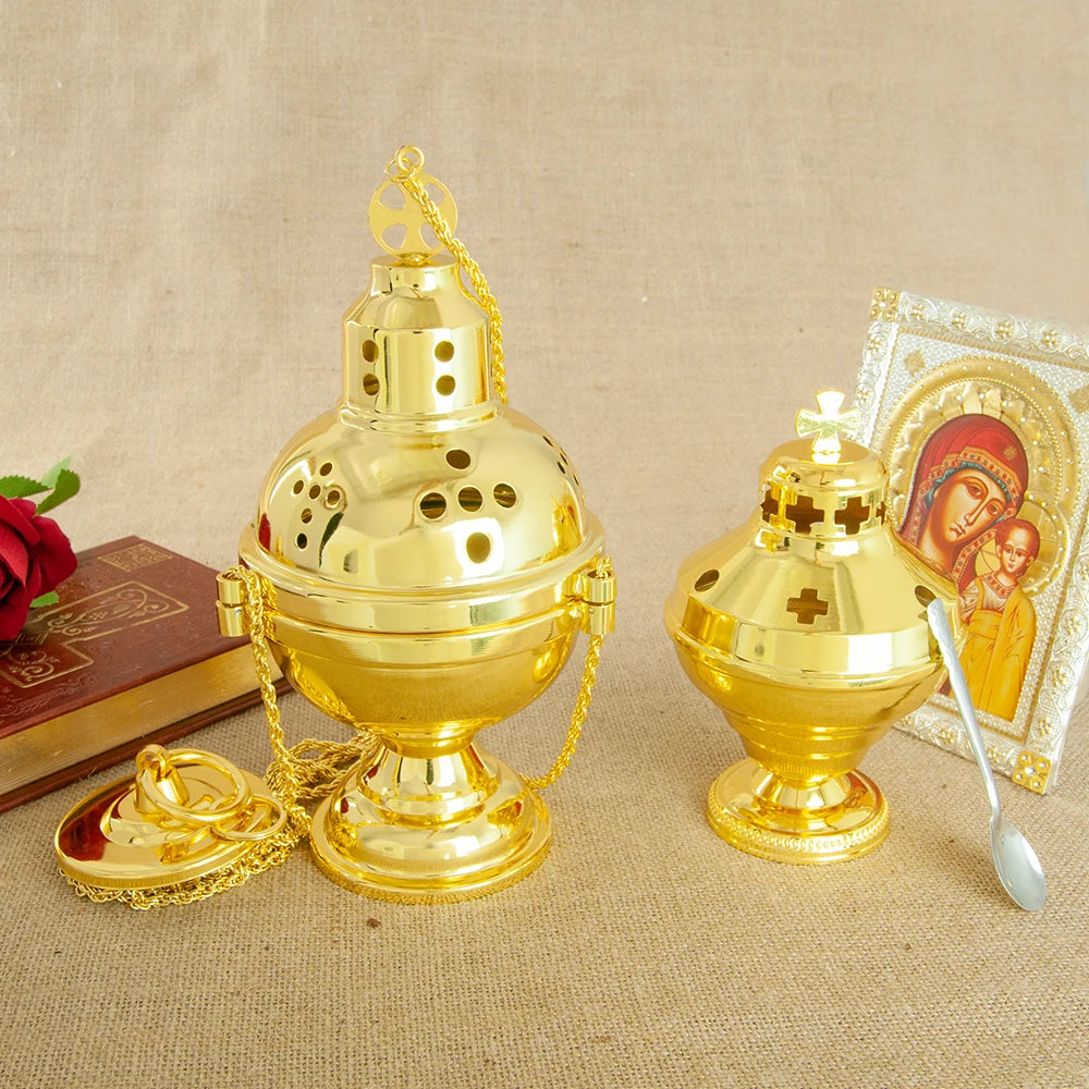 Church Supplier, High Polished Gold Plated Hanging Incense Burner, Orthodox Censer, Church Home Decoration Catholic Chalice, HTISOK