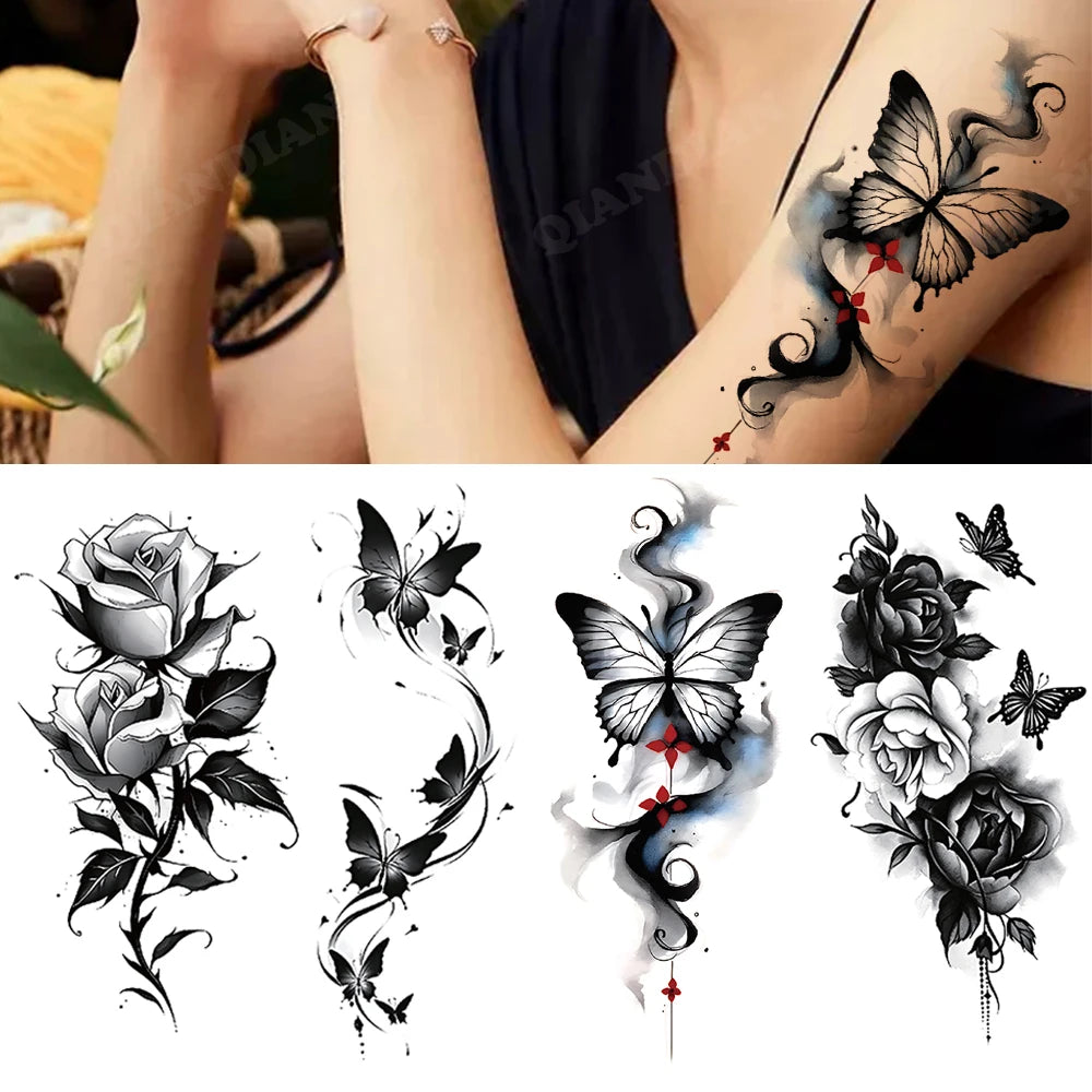 Black Flower Waterproof Temporary Tattoo Sticker, Beauty Butterfly Rose for Women, 3D Flash Body Arm Art Washable Fake Tattoos