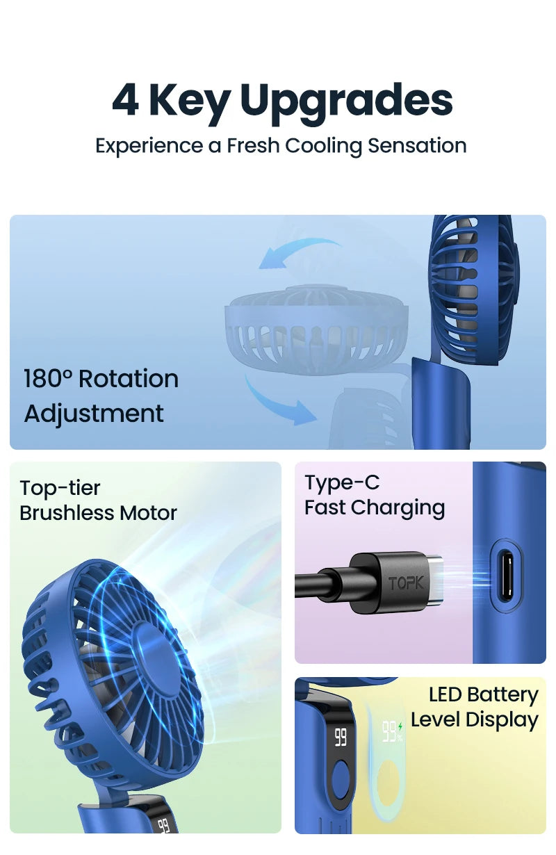 TOPK 5000mAh Mini Portable Fan USB Rechargeable Hand Held Fan,Small Pocket Fan 3 Speeds with Lanyard &Base, USB Desk Fan Foldable