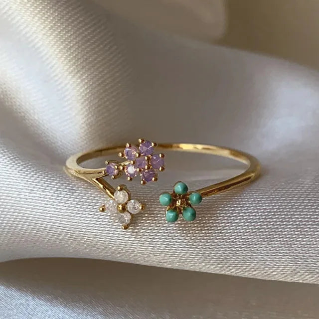 New Cute Colorful Zircon Flower Ring For Women Girl, Fashion Vintage Zircon Adjustable Rings, Jewelry Gift