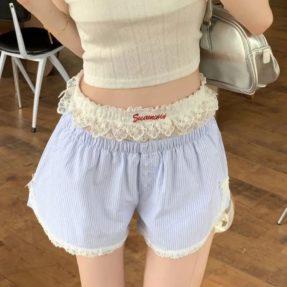 Sexy Cute Summer Striped Shorts, Blue Pink Elastic Waist Shorts, Button Embroidered Lace Shorts, Leggings for Women Girl