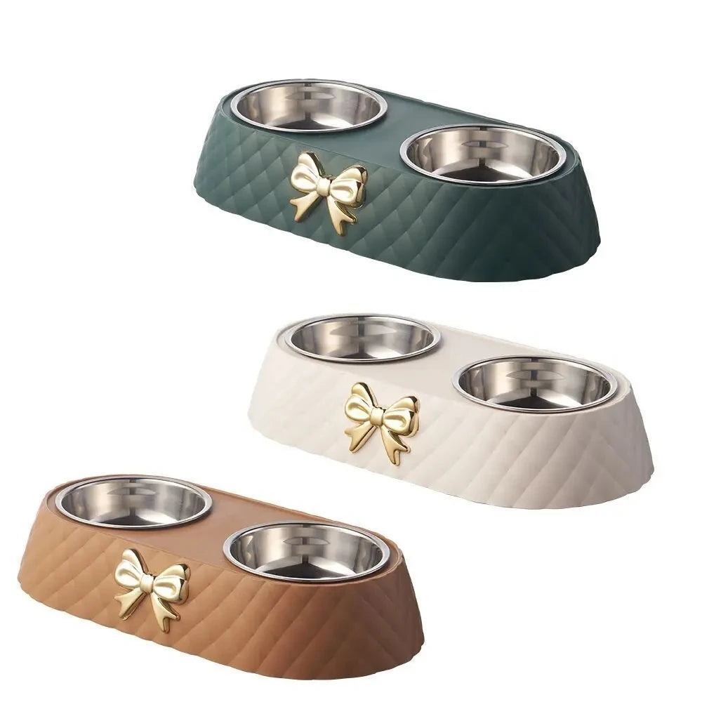 Pet Supplies, Bow-tie Bowknot Cats Food Bowl, PP Base Dog Bowl, Stainless Steel Double Pet Accessories, Feeding Drinking Double Bowl